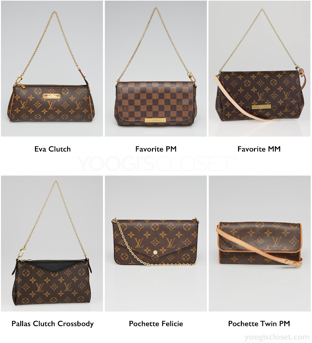 Best Louis Vuitton Monogram and Damier Small Crossbody Bags: Eva Clutch, Favorite PM, Favorite MM, Pallas Clutch Crossbody, Pochette Felicie, Pochette Twin PM