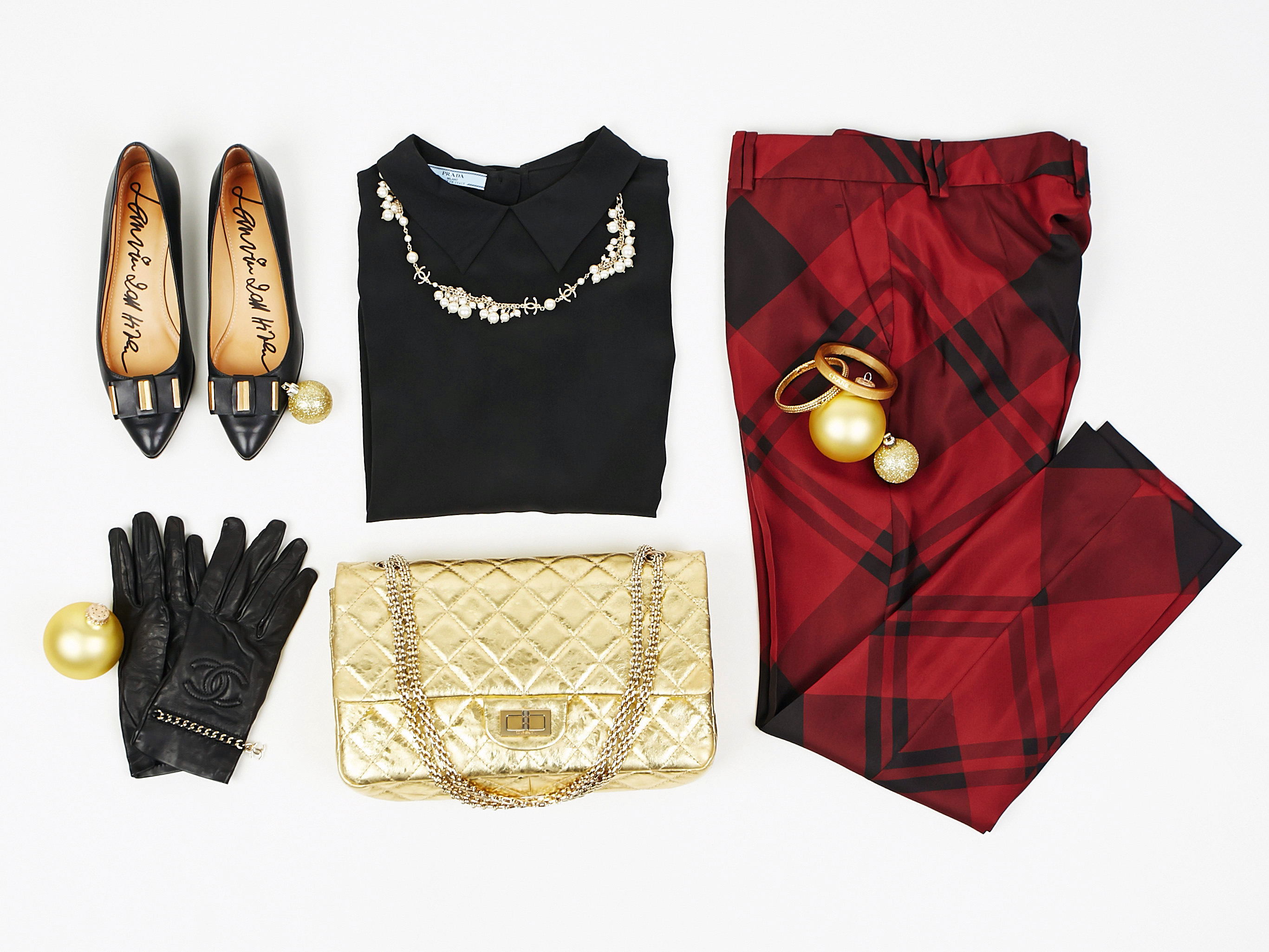 Holiday Party Outfit Ideas with Chanel 2.55 Flap Bag, Christian Louboutin Flats, and Plaid Trousers | Yoogi's Closet Authenticated Pre-Owned Luxury yoogiscloset.com